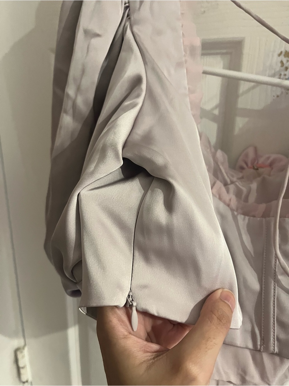 SAMPLE For Love and Lemons Corset Top Lilac Gray Satin Short Puff Sleeve size S - Picture 10 of 12
